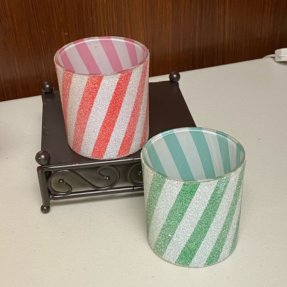 Home interiors and gifts frosted Peppermint Twist Glass candle holders